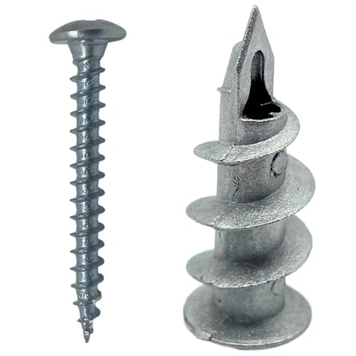 Tradeals Plasterboard Fixings with Screws Heavy Duty Metal Self-Drill Professional Quality Wall Zinc Alloy Anchor 32mm Stud (Pack of 20), Silver