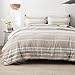Bedsure Queen Comforter Set 7 Pieces, Light Camel Striped Bedding Set for All Seasons, Reversible, Cationic Dyeing Bed in a Bag with Comforter, Sheets, Pillowcases & Shams