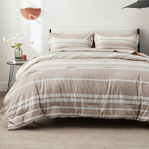 Image of Bedsure Queen Comforter Set 7 Pieces, Light Camel Striped Bedding Set for All Seasons, Reversible, Cationic Dyeing Bed in a Bag with Comforter, Sheets, Pillowcases & Shams