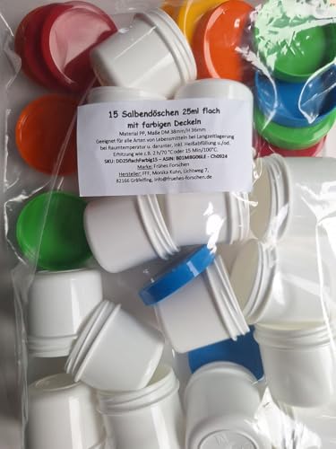 Frühes Forschen 15 Salbendosen flach, 25ml Inhalt mit farbigen Deckeln