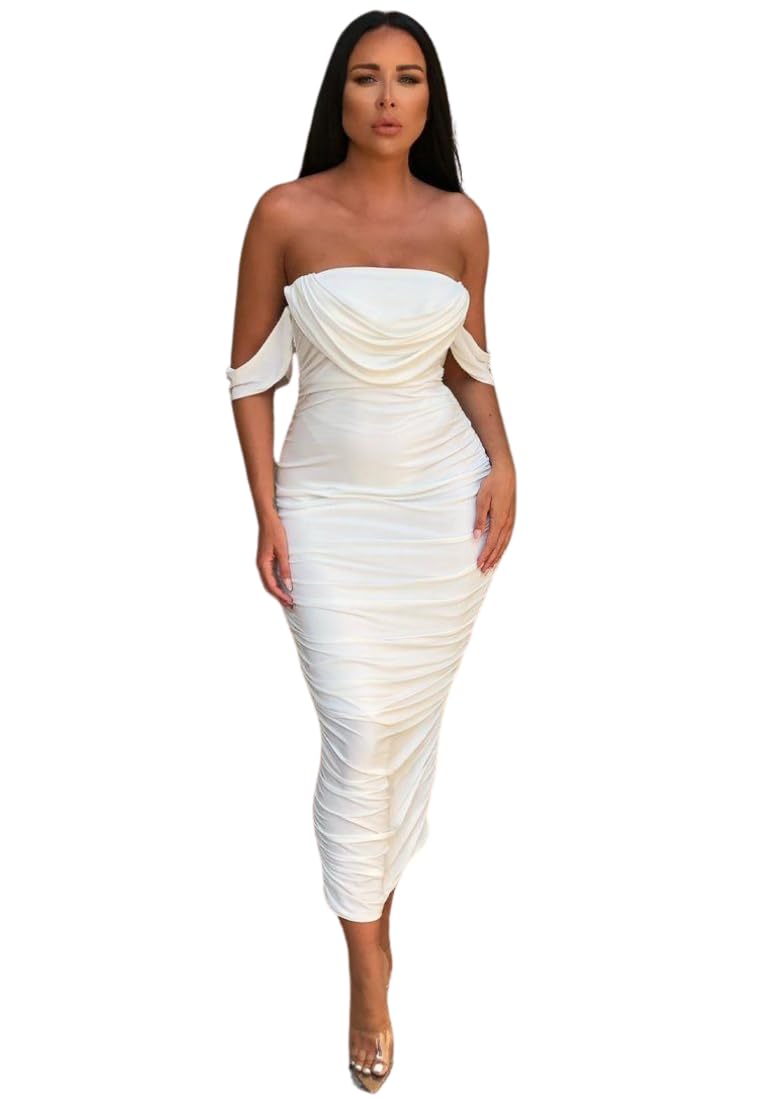 Femme Luxe Bardot Cowl Neck Ruched Midi Dress-Malia - White - 12