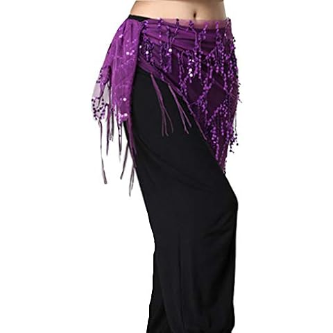 Lauthen.S Women Belly Dance Hip Scarf, Sequin Tassels Triangle Tribal Wrap Skirt Waist Chain - Purple - One Size Cover