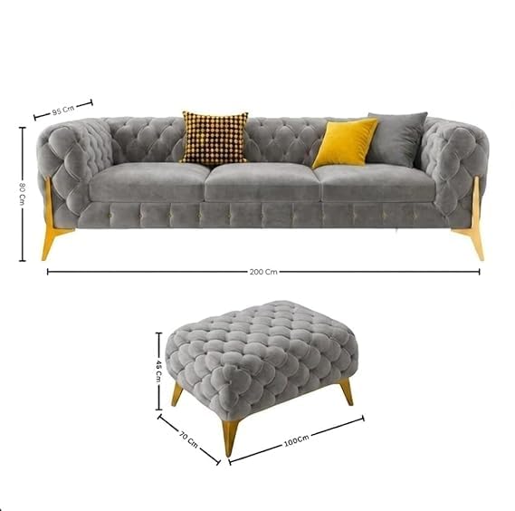 Image of A to Z Furniture Modern Classic Fabric & Valvet Tufted Chesterfield Sofa Living Room and Office (3+1= 4 Seater Sofa Set with Footrest Beige)