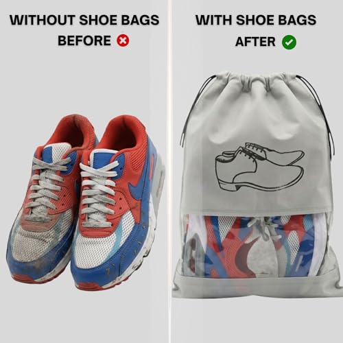 Image of Hian Grey Non-Woven Shoe Bags - Travel Shoe Organizer with Transparent Window & Drawstring Closure, Dustproof, Breathable & Reusable Storage for Men & Women, Home & Luggage, Pack of 6