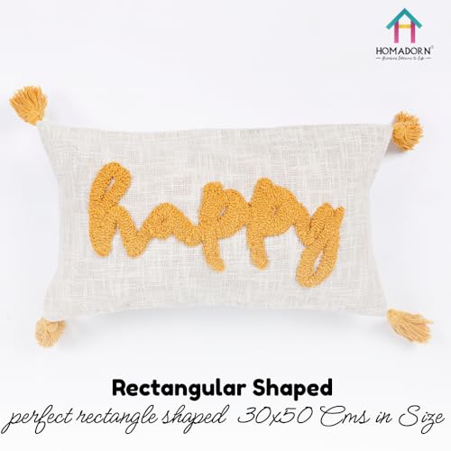 Image of HOMADORN 100% Cotton Text Pattern Handtufted /Embroided Decorative Cushion Cover (12X20 Inches) (2, Happy)