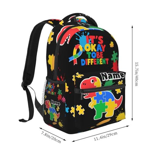 Custom Kids Backpack for Boys Girls - Personalized Colorful Puzzles Dinosaur Toddler School BookBags with Name, Autism Awareness Casual Daypack Travel Laptop Backpacks2