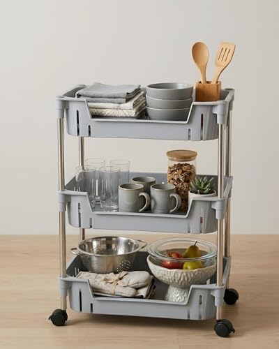 Image of JD FRESH 3-Tier Multi Storage Rack for Home & Kitchen /360-Degree Rotating Wheels with Breathable Kitchen Shelf Storage Rack /Plastic Rolling Cart for Kitchen, Bathroom, Office & Living Room (Grey)