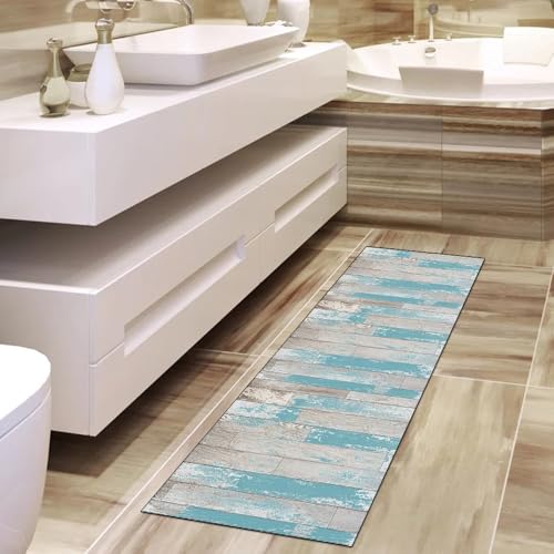 Alfombra de pasillo de cocina lavable en tonos gris y azul 3D 4