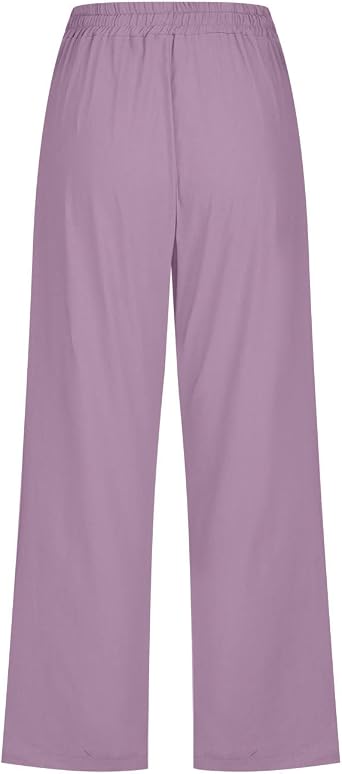 Summer Pants for Women Casual 2024 Summer Drawstring Elastic High Waist Linen Pant Straight Wide Leg Cropped Trousers