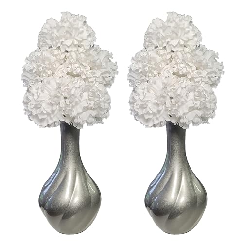 Image of Flourish Vase with Artificial Flowers - Grey White - Perfect for Home Decor and Living Room Decoration, Bedroom or Bathroom Ornament, Matching Pair.