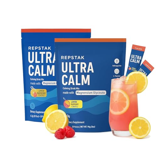 REPSTAK Ultra Calm Magnesium Drink Mix Calmify Liquid Anti Stress Cortisol Drink with Magnesium Glycinate L-Theanine & Ashwagandha Lemon Raspberry Calm Drink for Focus & Recovery 40 Stick Packs