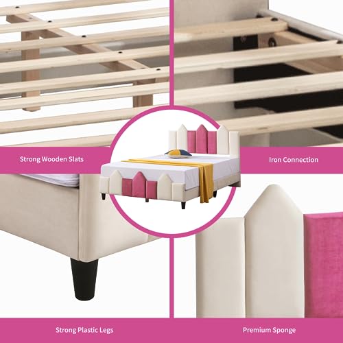 Mixoy Full Size Kids Bed Frames,Upholstered Full Platform Bed Frame For Children With Headboard,Toddler Bed For Girls, Teens,No Box Spring Needed, Easy Assembly(Pink/White,Full) #TOP4