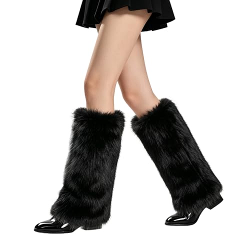 THARAHT Womens Furry Leg Warmers Faux Fur Fluffy Boot Covers with Satin Lining for Halloween Christmas Rave Festival Outfit