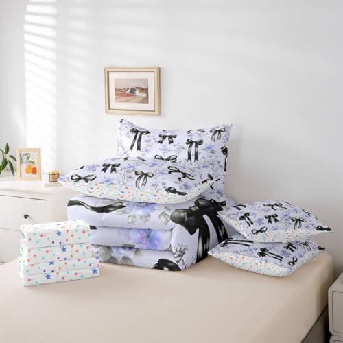 Image of Black Bow Tie Bed in a Bag King Size Comforter Set 7-Piece Boho Floral Pink Flowers Bedding Sets Cute Princess Bow Comforter and Sheet Set, Girly Ribbon Bowknot Room Decor,Kawaii Room Decor Aesthetic