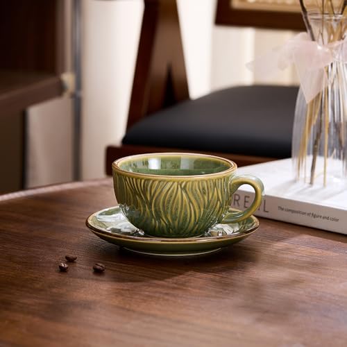 Coffeezone Vintage Design 12 oz Ceramic Latte Art Cappuccino Barista Cup with Saucer (Wave Green) by Coffeezone - Used condition - Image 6