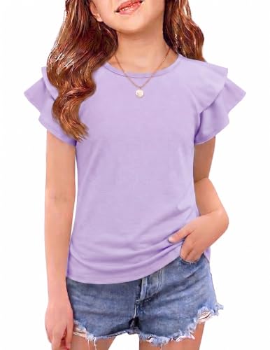 Image of Girls T Shirts Ruffle Short Sleeve Round Neck Loose Blouse Summer Solid Color Casual Girl Tee Tops for 3-12 Years