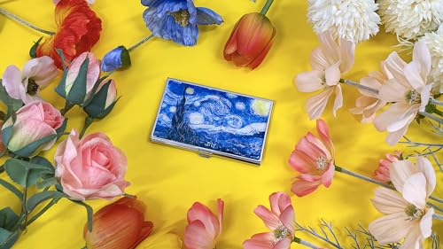 Image of Mother of Pearl Business Card Case Credit Id Name Holder Travel Wallet Art Painting Design Metal Stainless Steel Engraved Slim Purse Pocket Cash Money Wallet (Starry Night)