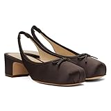 Agodor Slingback Heels for Women Ruched Satin Brown Ballet Mary Jane Shoes with Bow Square Toe Ballerina Pumps Low Chunky Block Heels Elastic Rear Strap Comfortable Dress Ballet Shoes US7.5