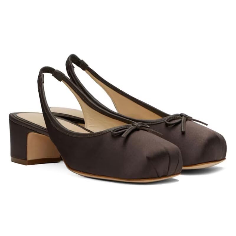 Slingback Heels for Women Ruched Satin Ballet Mary Jane Shoes with Bow Square Toe Ballerina Pumps Low Chunky Block Heels Elastic Rear Strap Comfortable Dress Ballet Shoes-image-29