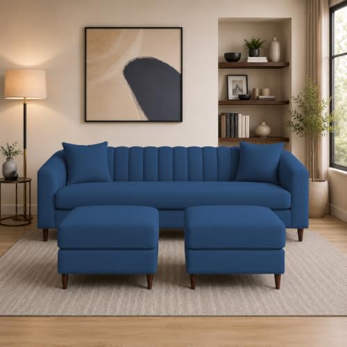 Image of Doraldo 3 Seater Sofa Set with 2 Ottoman for Living Room (Blue) Premium Fabric Sofa