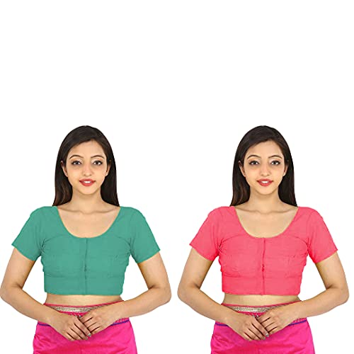 Image of Namita Women's Cotton Half Sleeve Blouse (U-COT-COM-2-LIGHTGREEN-BRINKPINK-40 Lightgreen-Brinkpink 40)