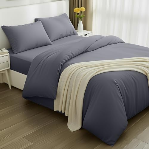 4 Piece Double Bedding Set - Duvet Cover, Fitted Sheet with Pillow cases - Soft Brushed Microfiber (Grey)