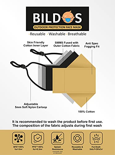 Image of Bildos Unisex 4 Layer Cotton Washable & Reusable with SSMMS Filter 3D Super Breathable Face Mask with Adjustable Ear Loop Without Valve (Multicolour) - Pack of 12