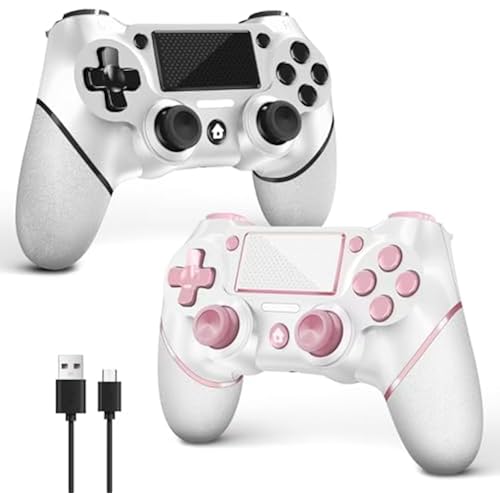 AceGamer 2 Pack for PS4 Controller, Wireless Controller for PS4/Pro/Slim/PC, with Non-Slip Grip of Both Sides,3.5mm Audio Jack and USB-C Cable! (Pink and White)