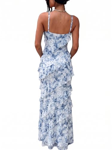 Image of HOCILLE Women's Sexy V Neck Backless Bodycon Spaghetti Strap Elegant Ruffle Maxi Cocktail Party Dresses