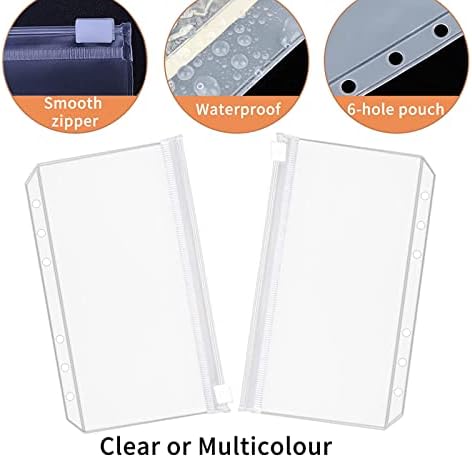 Cash Envelope, A6 Size 6 Holes Binder Pockets Plastic Binder Zipper Folders Waterproof Zipper Loose Leaf Bags, for A6 Size Notebooks Documents Cash Organizer Money Saving Binder Accessories (15pcs)