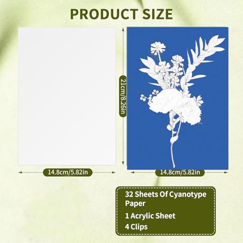 30 Blatt sunprint kit A5, Cyanotypie-Papier, Solar-Zeichenpapier mit Acryl-Panel-Papier, Hochempfindliches Sonnendruck-Naturdruckpapier, Solar DruckPapier für Kinder Erwachsene Heimwerken Basteln