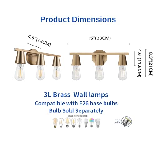 Image of 3-Light Modern Brass Wall Sconces Lighting with Metal Shade, Matte Gold Vanity Light Over Mirror, Rustic Industrial Bathroom Light Fixtures for Living Room Hallway Kitchen Porch E26 Base