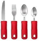 Adaptive Utensils (4-Piece Kitchen Set) Wide, Non-Weighted, Non-Slip Handles for Hand Tremors, Arthritis, Parkinson's or Elderly use | Stainless Steel Knife, Fork and Spoons (Red - 1 Set)