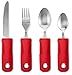 Adaptive Utensils (4-Piece Kitchen Set) Wide, Non-Weighted, Non-Slip Handles for Hand Tremors, Arthritis, Parkinson's or Elderly use | Stainless Steel Knife, Fork and Spoons (Red - 1 Set)