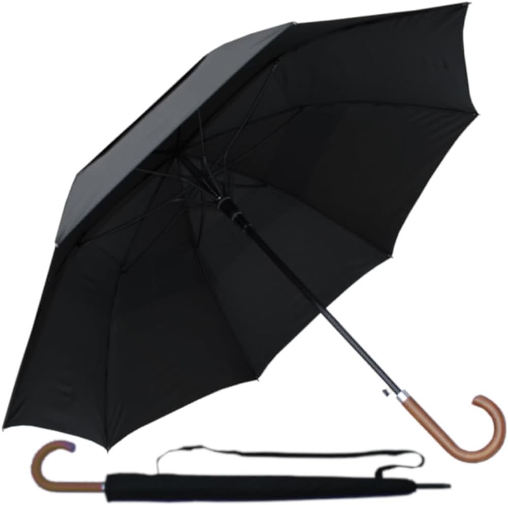 60MPH Windproof Large Heavy Duty Umbrella for Rain and Wind - Strong StormDefender City - Best for Vented Double Canopy - Auto - Solid Wood Hook Handle - Golf - Black