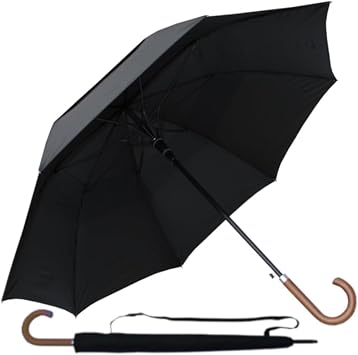 60MPH Windproof Large Heavy Duty Umbrella for Rain and Wind - Strong StormDefender City - Best for Vented Double Canopy - Auto - Solid Wood Hook Handle - Golf - Black