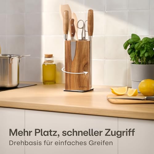 Praknu Messerblock Magnetisch 360° drehbar ohne Messer – FSC® Akazienholz mit Platz für Küchenutensilien – Beidseitiger starker Magnet – Rutschfest