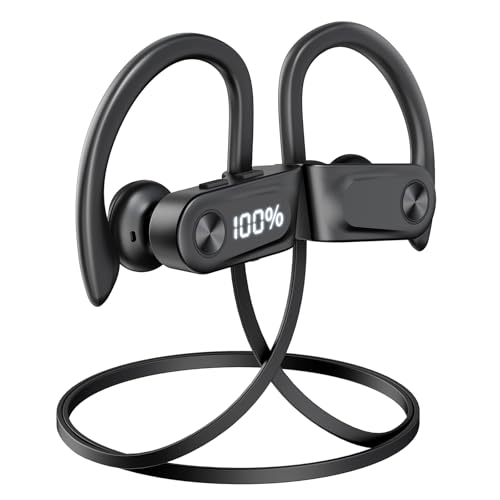 Bluetooth Headphones Wireless Earbuds with Spatial Audio Bluetooth 5.4 IPX7 Waterproof Headphones with Digital Display Deep Bass Stereo Sound Isolation Running Earphones for Sports, Gym, Workout
