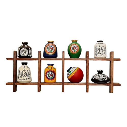 Image of AAKRITI ART CREATIONS Ladder Wall Decor 8 Handcrafted Warli Pots | Wooden Shelves Shelf Terracotta Vases | Matte Finish Decorative Wall Art for Living Room, Entryway & Gifting