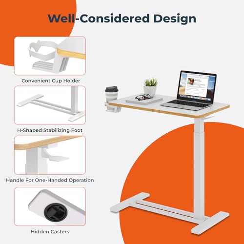 FitStand Medical Overbed Adjustable Bedside Table with Hidden Casters, Pneumatic Mobile Rolling Laptop Standing Desk with Tray for Home and Hospital Use, White - Thumbnail 4