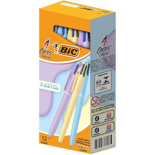 BIC, Caneta Escrita Média Retrátil, 4 Cores Clássicas, Corpo Pastel, 12 Unidades
