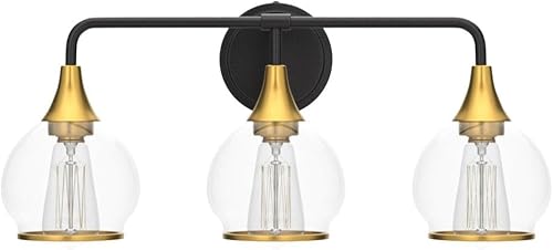 Miniatura 4 de Lámpara de tocador de baño negra y dorada, 3 luces, sobre espejo con pantalla de vidrio transparente, aplique de pared de 22.4 pulgadas (excluye