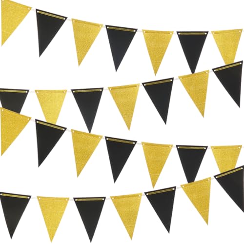 Image of MOWO Gold Black Pennant Banner Paper Bunting, 30pc, 20 feet | Birthday Graduation Retirement New Year's Party Hanging Decoration