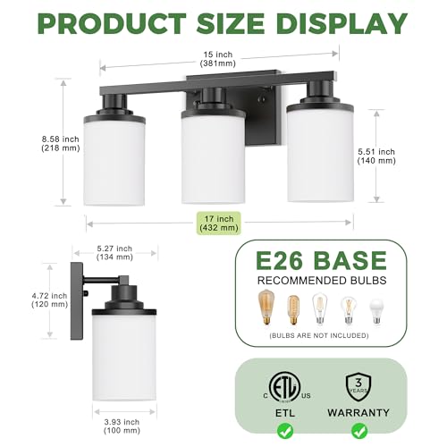 Image of DORESshop 17 Inch 3-Light Black Bathroom Vanity Light with Milk Glass