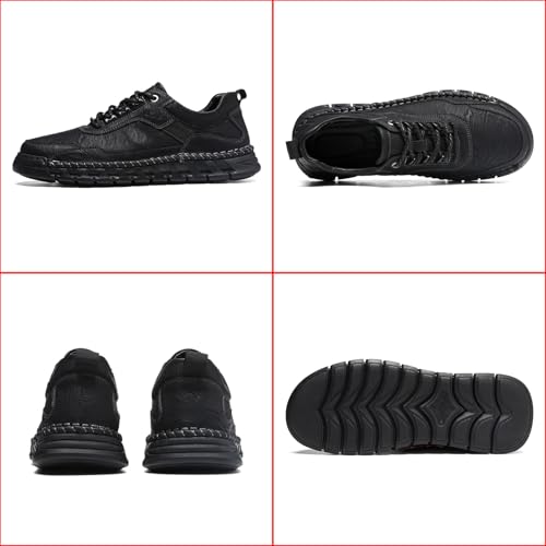 Men's Genuine Leather Lace Up Casual Loafers Handmade Stitching Round Toe Soft Sole Outdoor Fashion Sneakers Comfortable Lightweight Dress Walking Shoes for Driving Business Working2