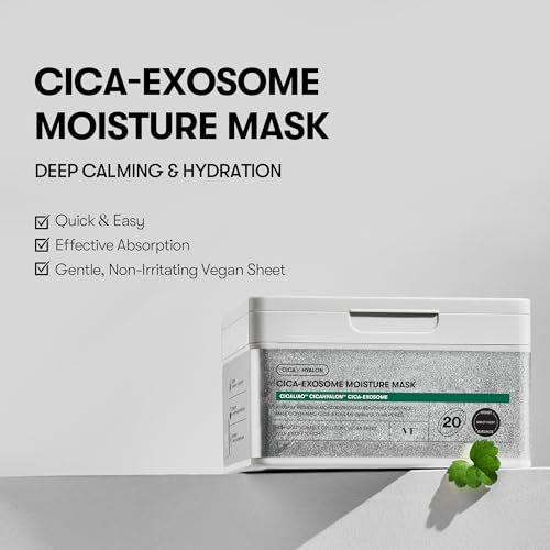 Image of VT COSMETICS Cica-Exosome Moisture Mask 20 Sheets, Centella Asiatica & Hyaluronic Acid with Exosomes for Deep Hydration & Calming, Biodegradable Vegan Sheets, Korean Face Mask