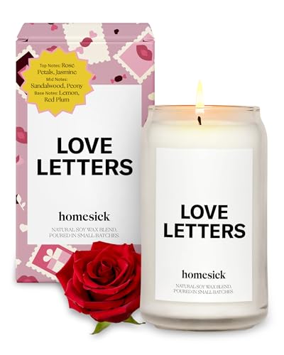 Homesick Scented Candles for Home (Love Letters) - 13.75 oz Natural Long-Lasting Soy Wax Blend Jar Candle Gifts for Women & Men, 60-80 Hours Burn Time - Notes of Rose, Jasmine & Peony