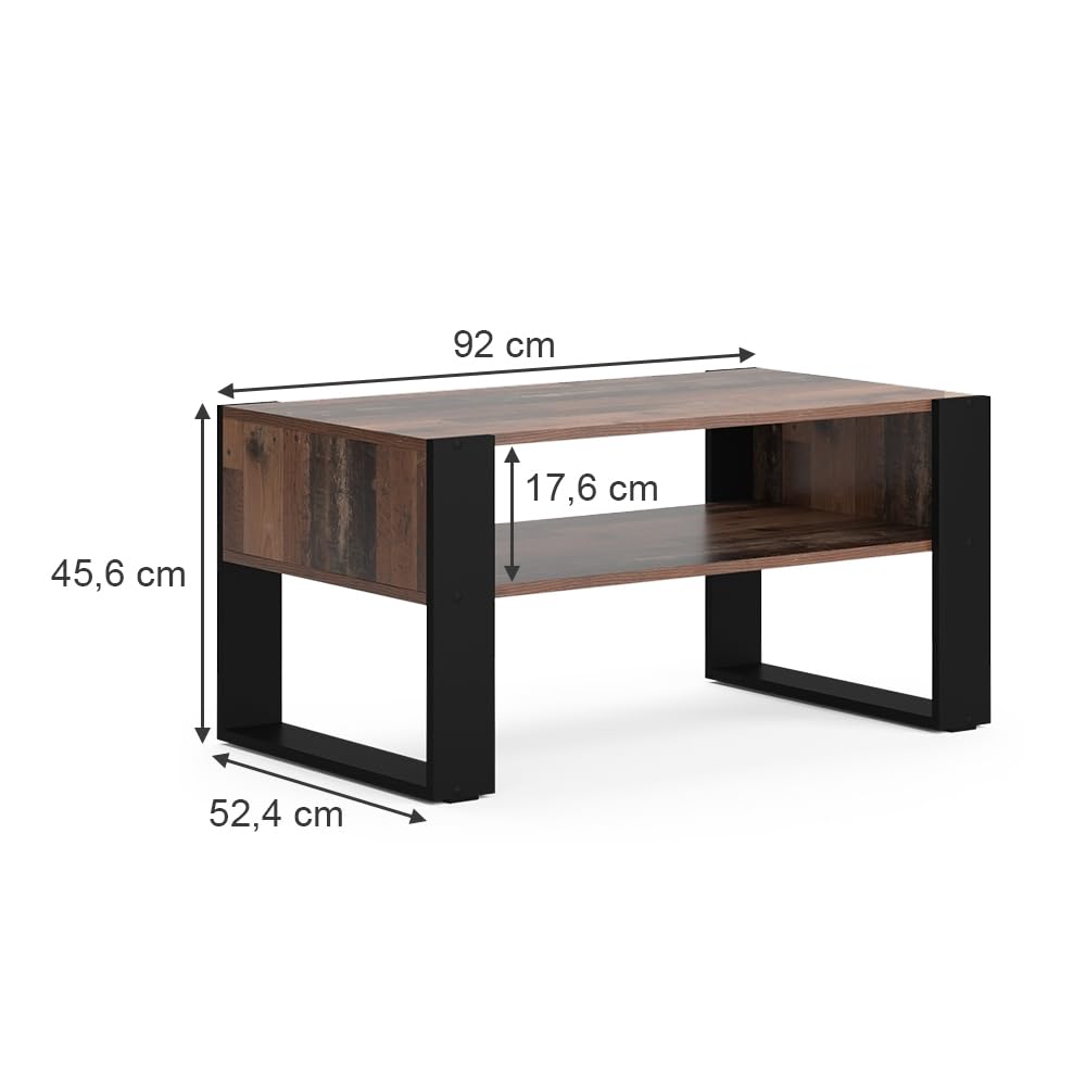 Vicco Mesa de Centro Olli, Madera Antigua, 92 x 52.4 cm | con estante, para guardar revistas y controles remotos