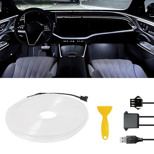 Miisiya El Wire Car LED Interior Strip Light 5V USB Dashboard Light LED Trim Lights for Car Atmosphere Lights Ambient Lighting Kit (5M/16.5FT, White)