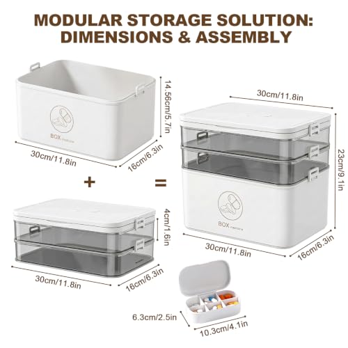 Organizador de almacenamiento para medicamentos de 3 niveles con estuche portátil para pastillas, caja portátil de primeros auxilios con capas extraíbles, contenedor médico transparente para medicamentos, vitaminas y suministros de emergencia miniatura 2